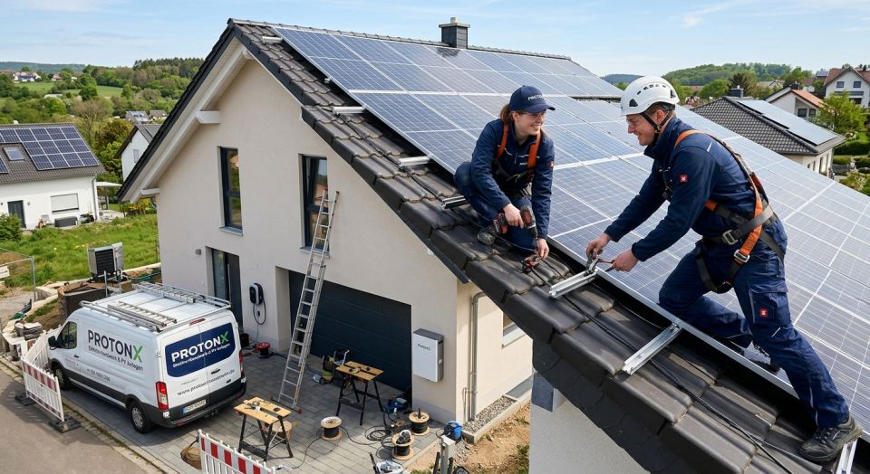 Monteure bei der Installation einer Photovoltaikanlage