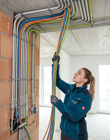 Elektrikerin führt gebündelte Leitungen im Rohbau